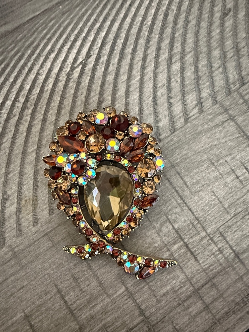 Crystal Teardrop Brooch - Amber Multi-Color Rhinestones